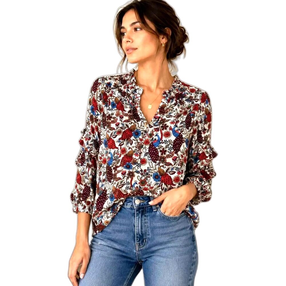 LOFT Floral Peacock Ruffle Sleeve Blouse Top Women's Size XL Rayon